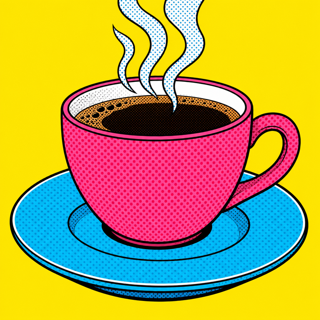 Pop-art illustration of a pink coffee cup on a blue saucer